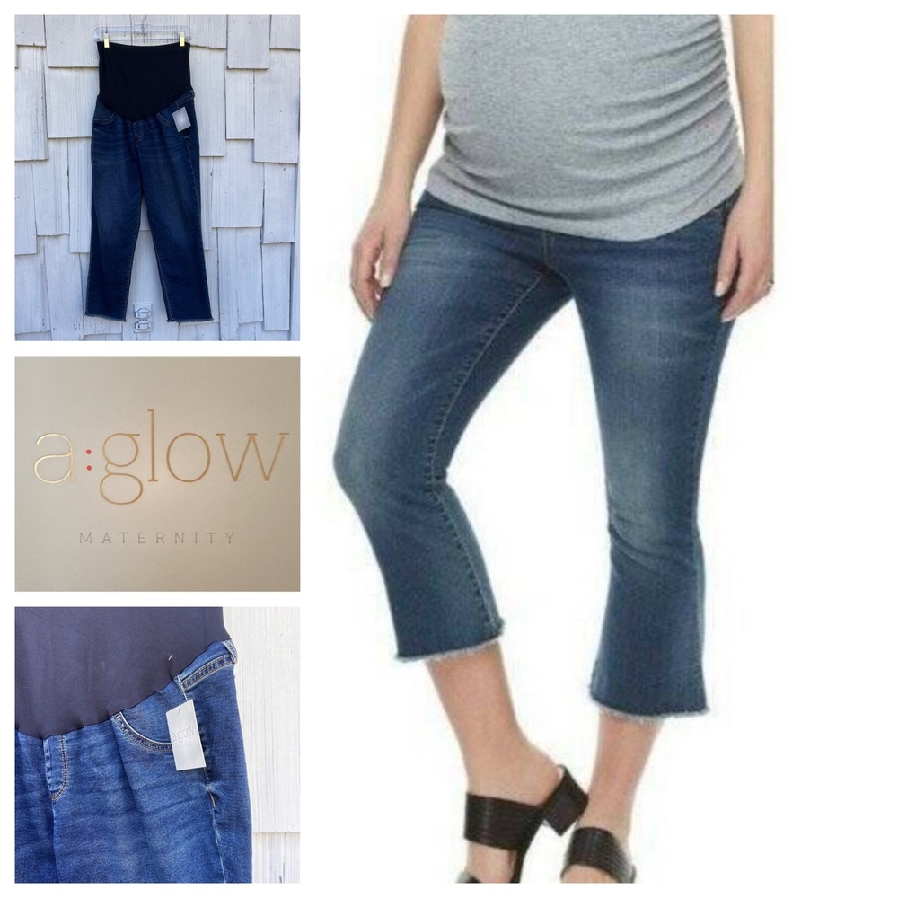 A:Glow Maternity Capri Jeans Size 18 Blue Denim Full Belly Band Raw Hem NEW